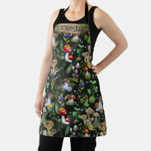 Watercolor Woodland Mushrooms Moss Pattern Name Apron