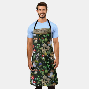 Watercolor Woodland Mushrooms Moss Pattern Name Apron