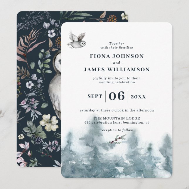Watercolor Woodland Owl Botanical Wedding Invitation (Front/Back)