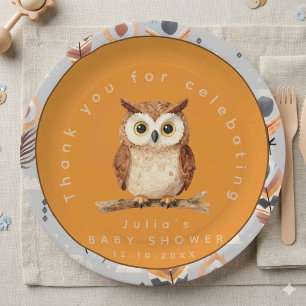 Watercolor Woodland Owl Brown Chevron Paper Plate