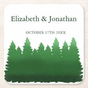 Watercolor Woodland Pines Wedding Square Paper Coaster