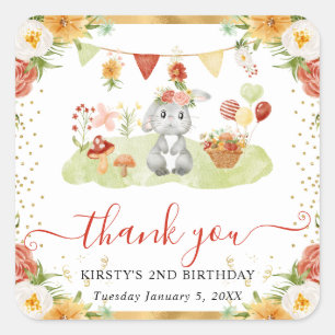 Watercolor Woodland Rabbit Birthday Square Sticker