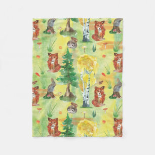Watercolor Woodland Rabbit ,Hedgehog,fox Fleece Blanket