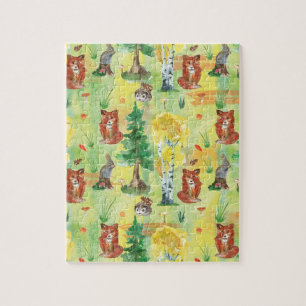 Watercolor Woodland Rabbit ,Hedgehog,fox Jigsaw Puzzle