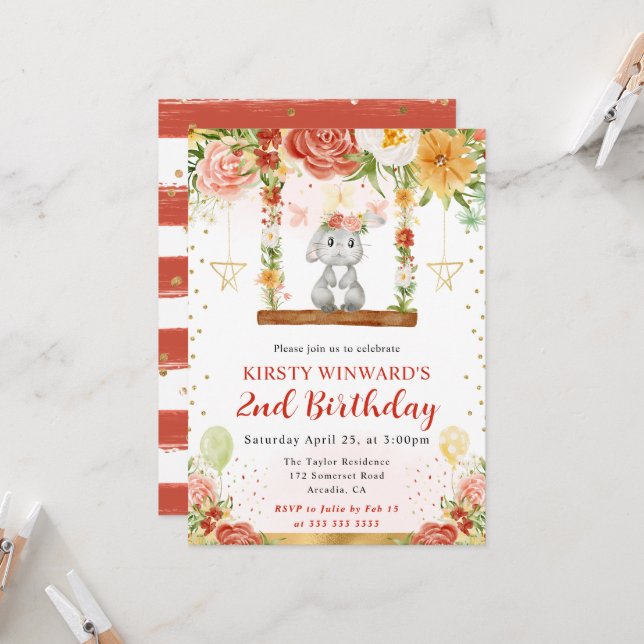 Watercolor Woodland Rabbit Kids Birthday Invitation (Front/Back In Situ)
