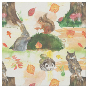 Watercolor Woodland Rabbit,owl, squirrel, hedgehog Fabric
