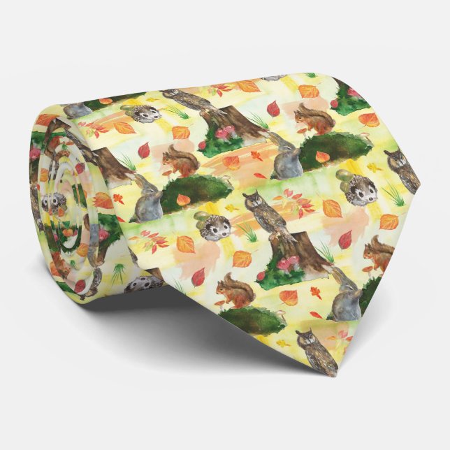 Watercolor Woodland Rabbit,owl, squirrel, hedgehog Tie (Rolled)