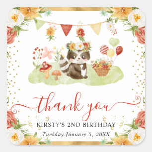 Watercolor Woodland Racoon Birthday Square Sticker