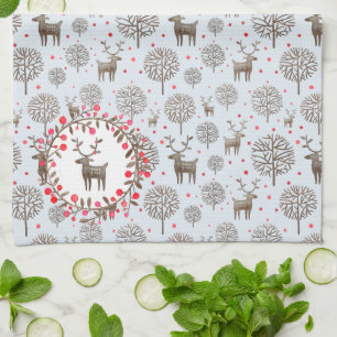 Watercolor Woodland Reindeer Pattern Pastel Blue Tea Towel