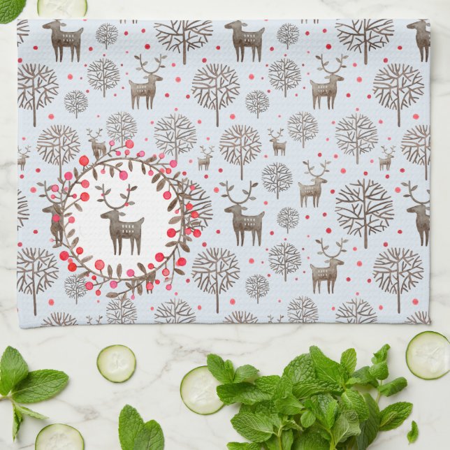 Watercolor Woodland Reindeer Pattern Pastel Blue Tea Towel (Folded)
