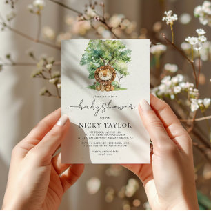 Watercolor Woodland Snow Lion Baby Shower Invitation