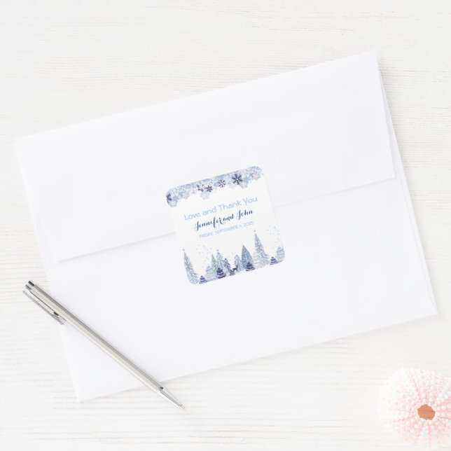 Watercolor Woodland Snowflakes Winter Wedding Square Sticker (Envelope)