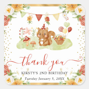 Watercolor Woodland Squirrel Birthday Square Sticker