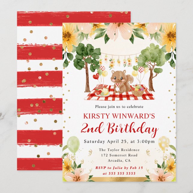 Watercolor Woodland Squirrel Picnic Kids Birthday Invitation (Front/Back)
