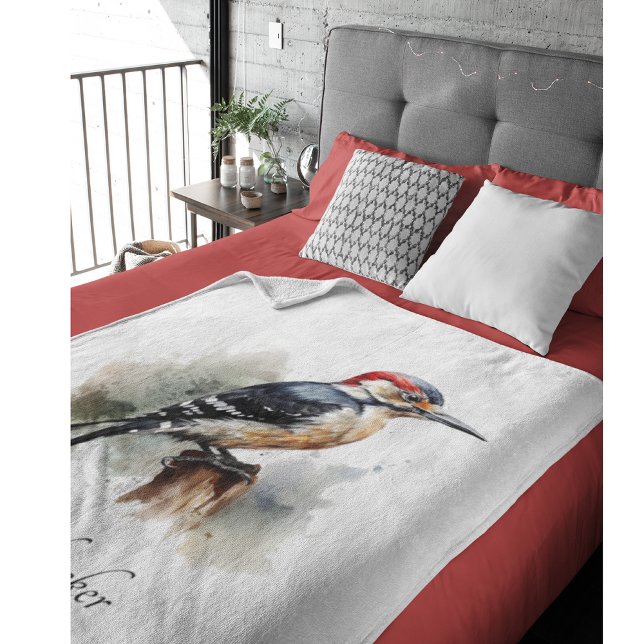 Watercolor Woodland Woodpecker, custom Fleece Blanket (Creator Uploaded)