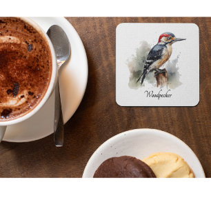 Watercolor Woodland Woodpecker, custom Glass Coaster