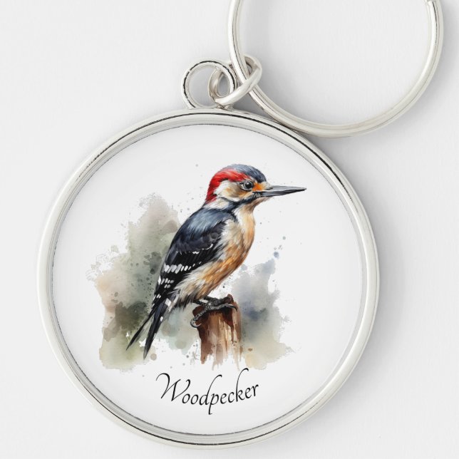 Watercolor Woodland Woodpecker, custom Key Ring (Front)