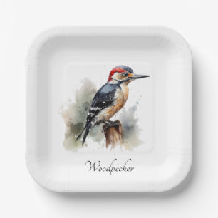 Watercolor Woodland Woodpecker, custom Paper Plate