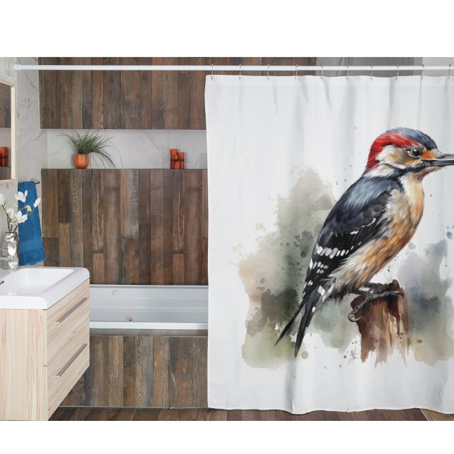 Watercolor Woodland Woodpecker, custom Shower Curtain (Creator Uploaded)