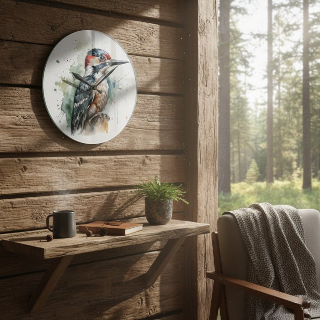 Watercolor Woodland Woodpecker Large Clock (Creator Uploaded)