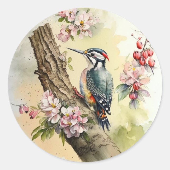 Watercolor Woodpecker Classic Round Sticker (Front)