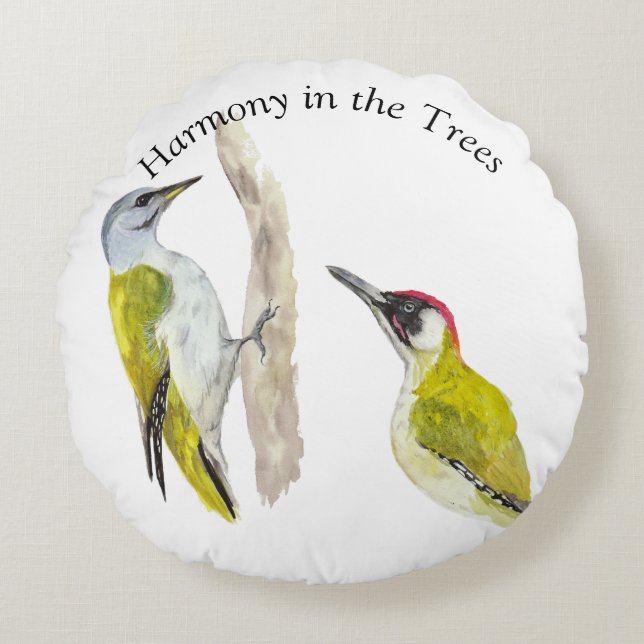 Watercolor woodpeckers round cushion (Front)