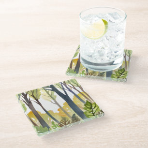Watercolor Woods Green Nature Forest Painting Glass Coaster