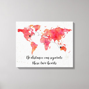 Watercolor World Map 2 Hearts Connected Canvas Print