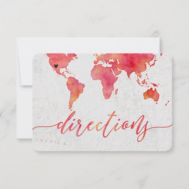 Watercolor World Map Destination Wedding Direction Invitation (Front)