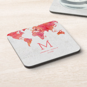 Watercolor World Map Destination Wedding Monogram Coaster