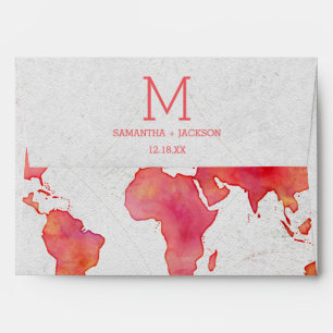 Watercolor World Map Destination Wedding Monogram Envelopes