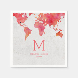 Watercolor World Map Destination Wedding Monogram Napkin