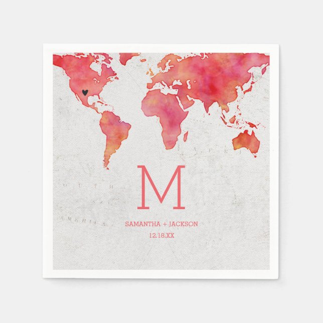 Watercolor World Map Destination Wedding Monogram Napkin (Front)