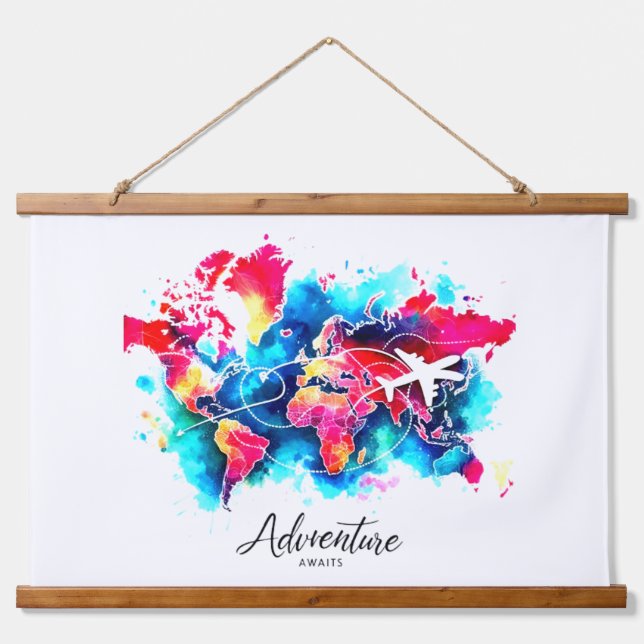 Watercolor World Map Tapestry  (Front)