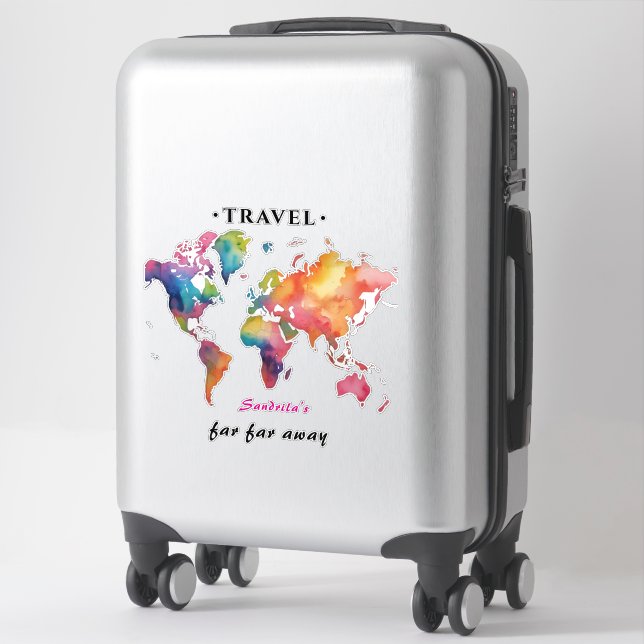 Watercolor World Map Travel Quote Sticker (Suitcase)