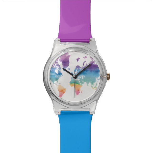Watercolor World Map Watch (Close Up)