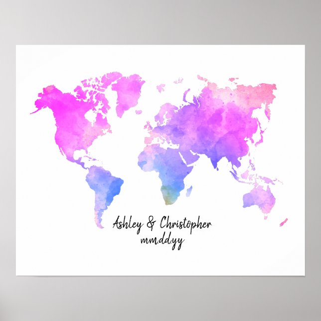 Watercolor World Map Wedding Guest Book Fun Poster (Front)