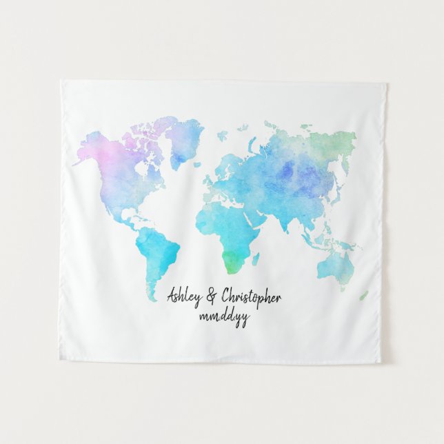 Watercolor World Map Wedding Reception Welcome Map Tapestry (Front (Horizontal))