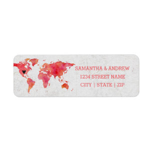 Watercolor World Map Wedding Return Address Label
