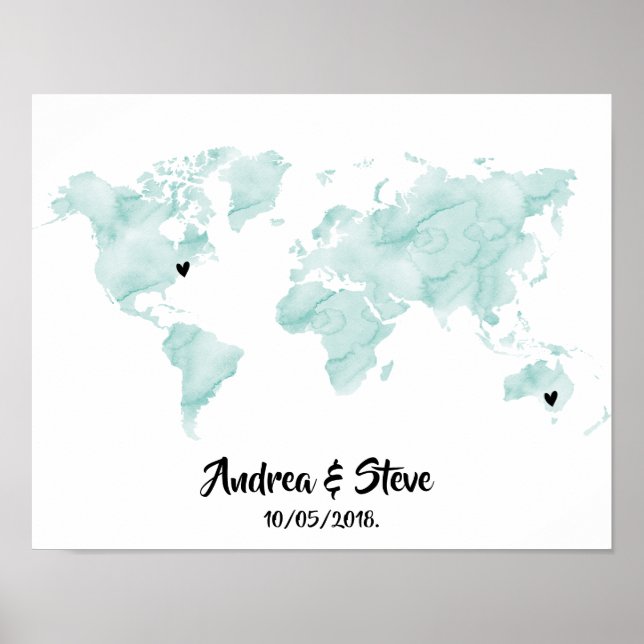 Watercolor World Map with removable hearts couples Poster (Front)