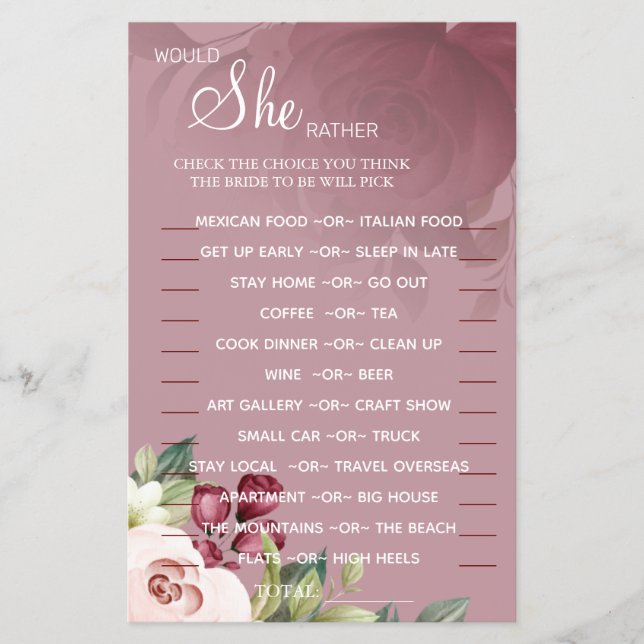 Watercolor Would She Rather shower game card (Front)