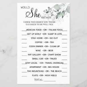 Watercolor Would She Rather shower game card