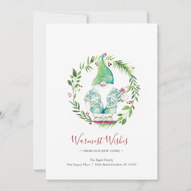 Watercolor Wreath and Gnome Holiday New Address Card (Front)
