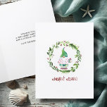 Watercolor Wreath Beach Christmas Cards<br><div class="desc">Spread tropical holiday cheer with this cute beach Christmas card! Featuring my original hand-painted watercolor Christmas gnome dressed in a pink flamingo shirt and a long festive hat, he’s surrounded by a farmhouse-style wreath of greenery and red berries on a crisp white background. The words "Warmest Wishes" appear in a...</div>