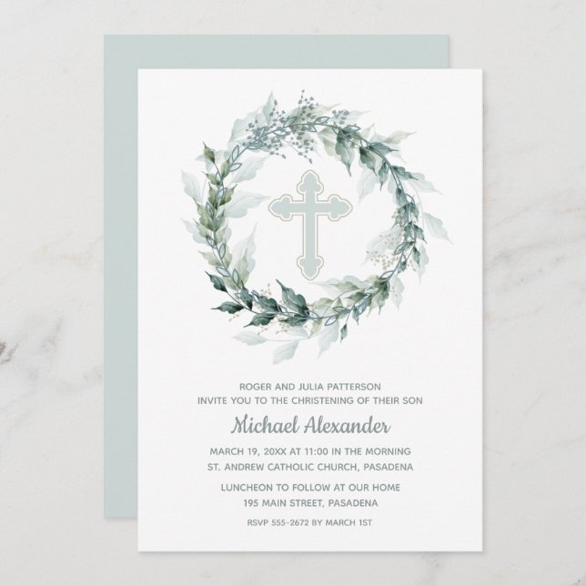 Watercolor Wreath Blue Christening Invitation (Front/Back)