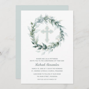 Watercolor Wreath Blue Christening Invitation