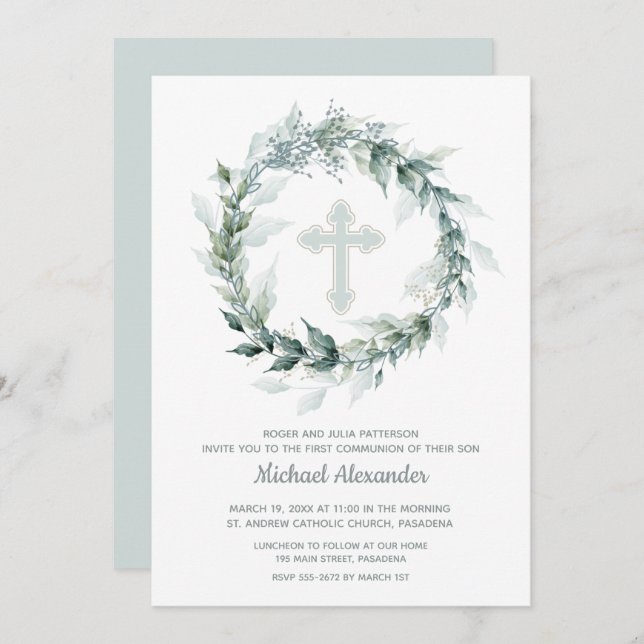 Watercolor Wreath Blue First Communion Invitation (Front/Back)