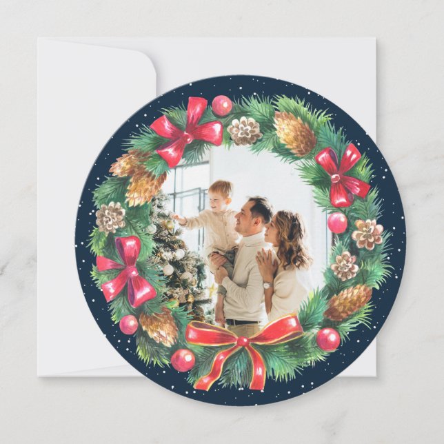Watercolor Wreath Blue Photo Christmas Holiday Card (Front)