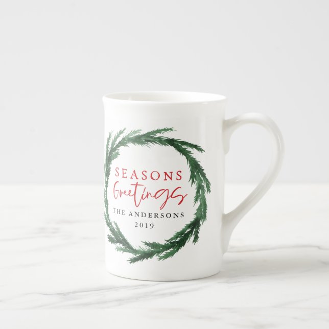 Watercolor wreath christmas holiday gift bone china mug (Right)