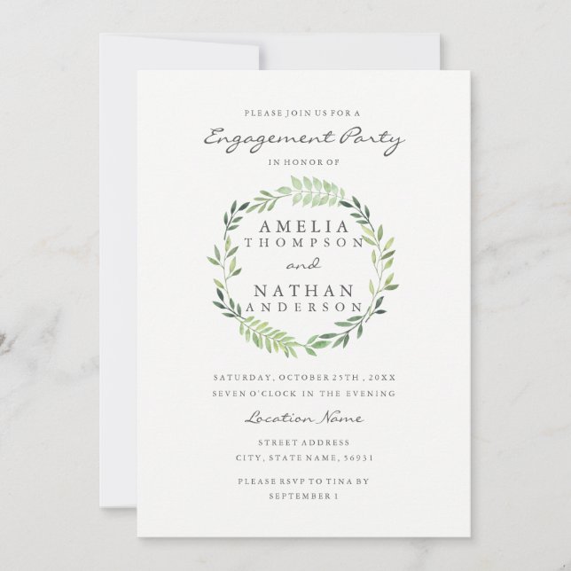 Watercolor Wreath Engagement Party Invitation (Front)